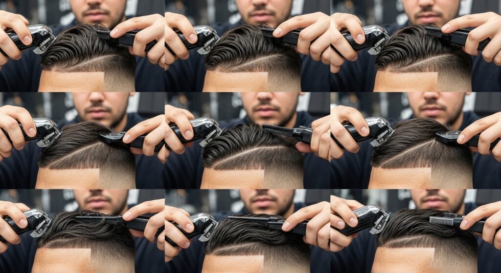 Step-by-step close-up of clipper work creating a mid taper fade