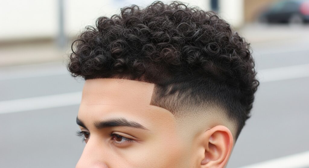 Curly men’s hairstyle with clean fade