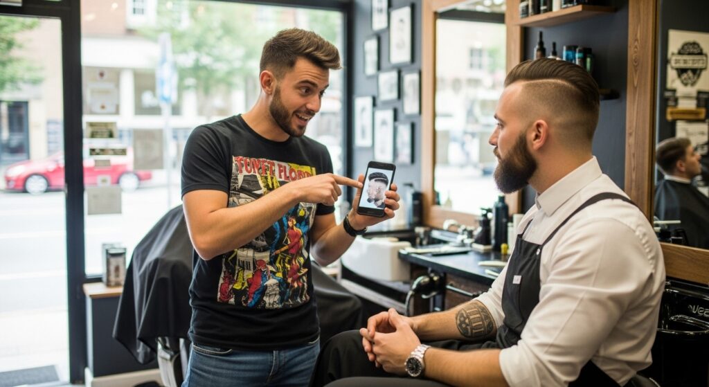 client showing picture of low taper haircut to barber