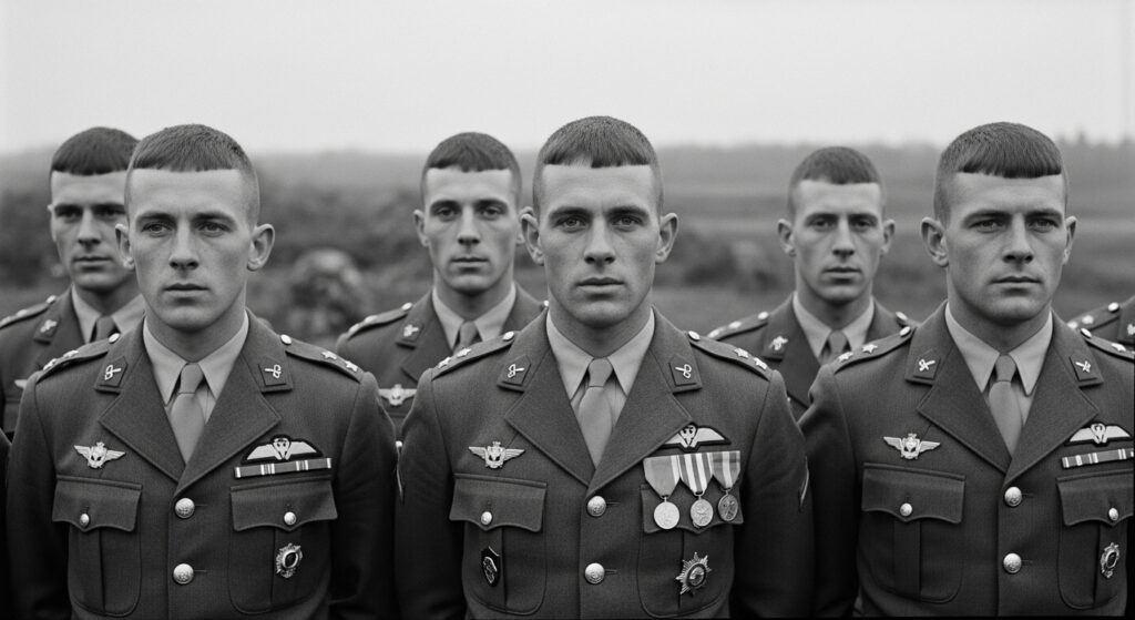 Black and white photo of soldiers with short haircuts similar to french crop.