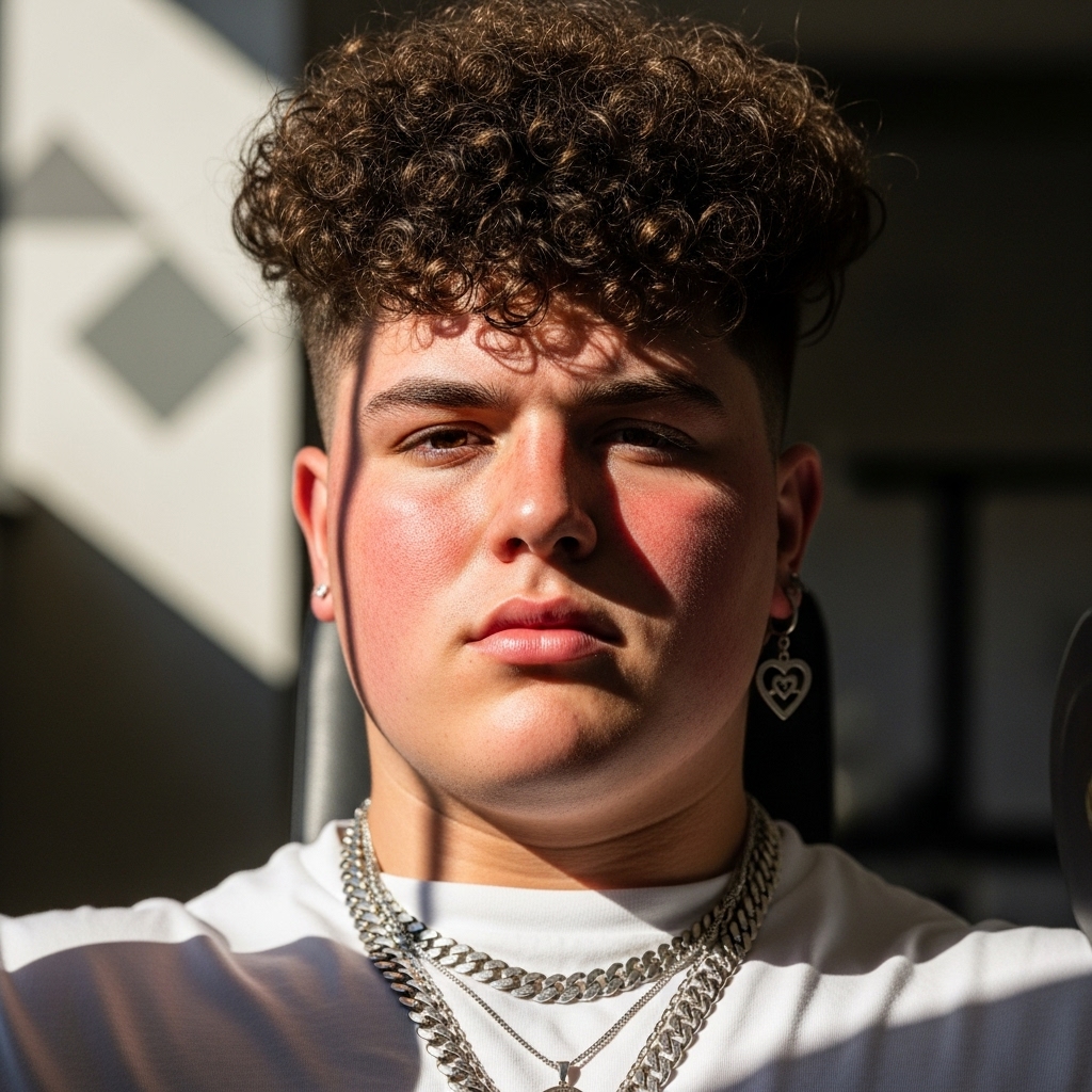 Gym-goer with a high-volume broccoli hairstyle during a workout
