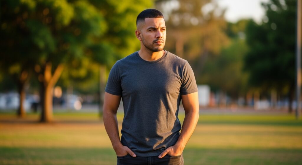 Confident man with square face and textured crop haircut in sunlight


