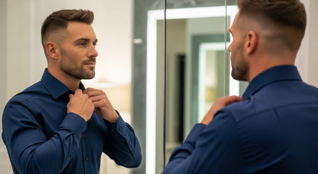 Man with square face and textured short haircut, looking into mirror in natural lighting
