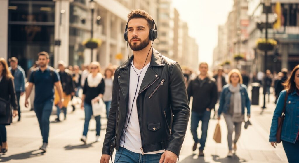 Man with curly short haircut and beard, walking through city