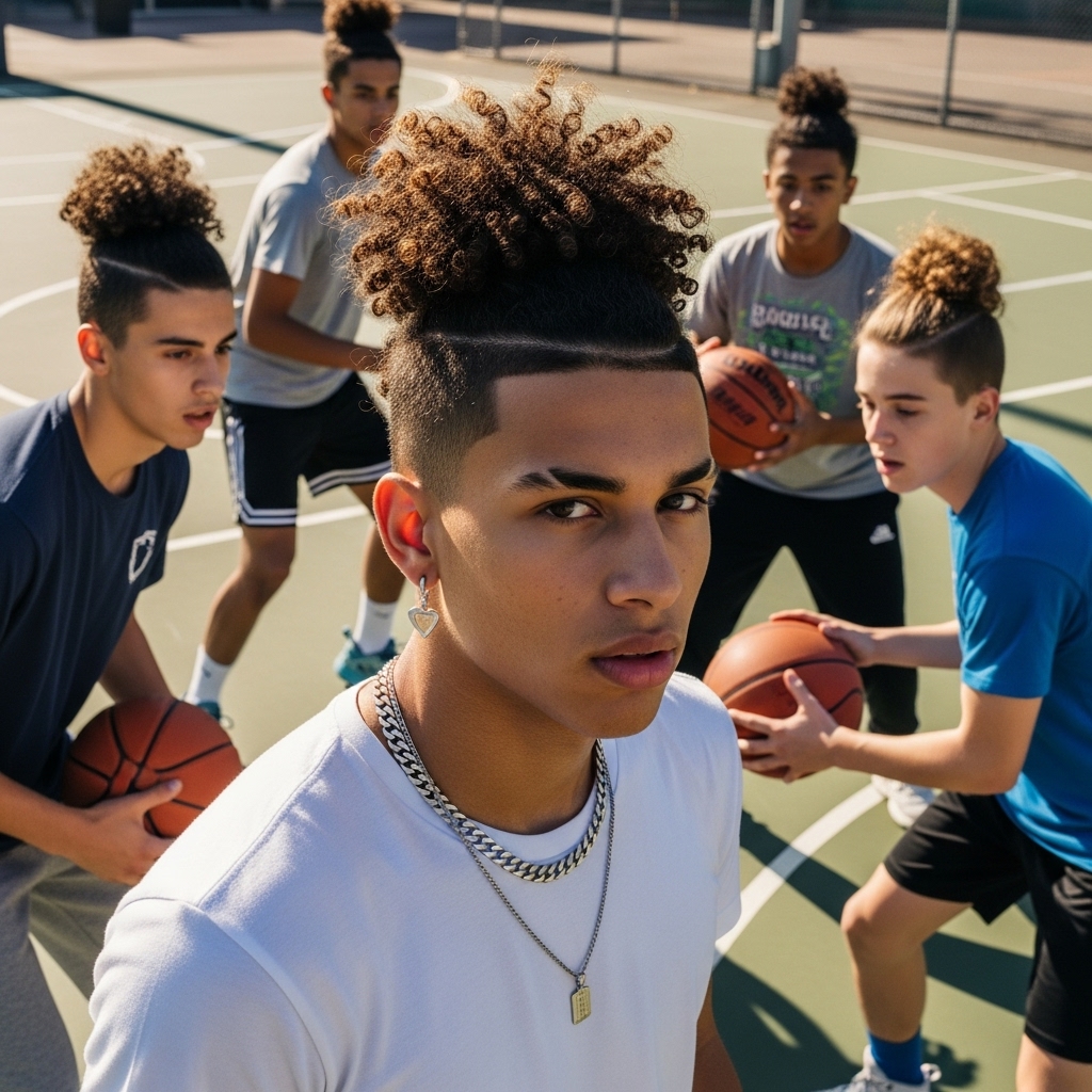 Group of boys with different types of broccoli head haircuts