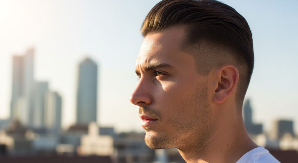 Man with heart-shaped face and comb-over fade, profile angle