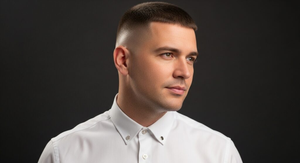 Hair that is cut quite conservatively, in a taper fade style, perfect for work.