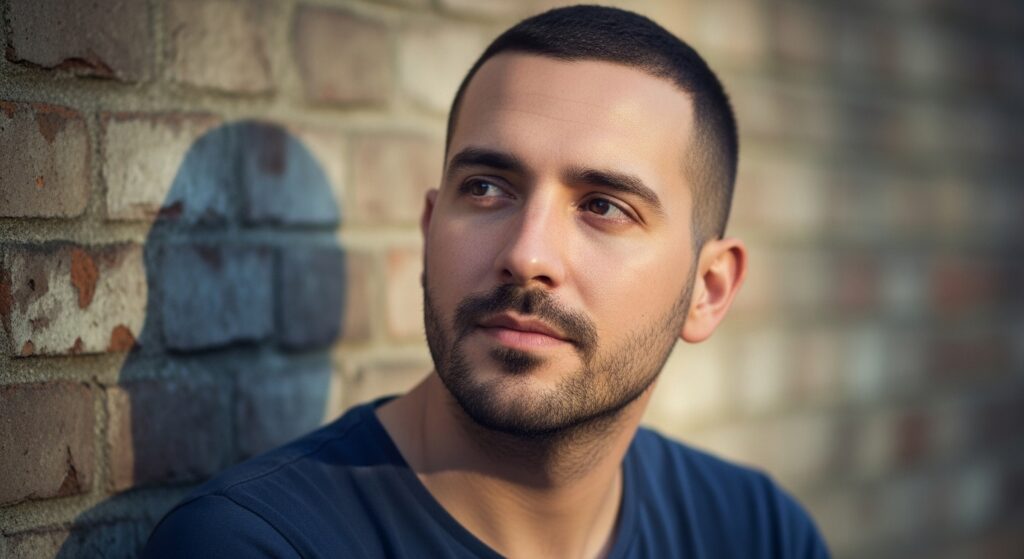 A man with stubble and a low fade looking off-camera in the soft lighting.