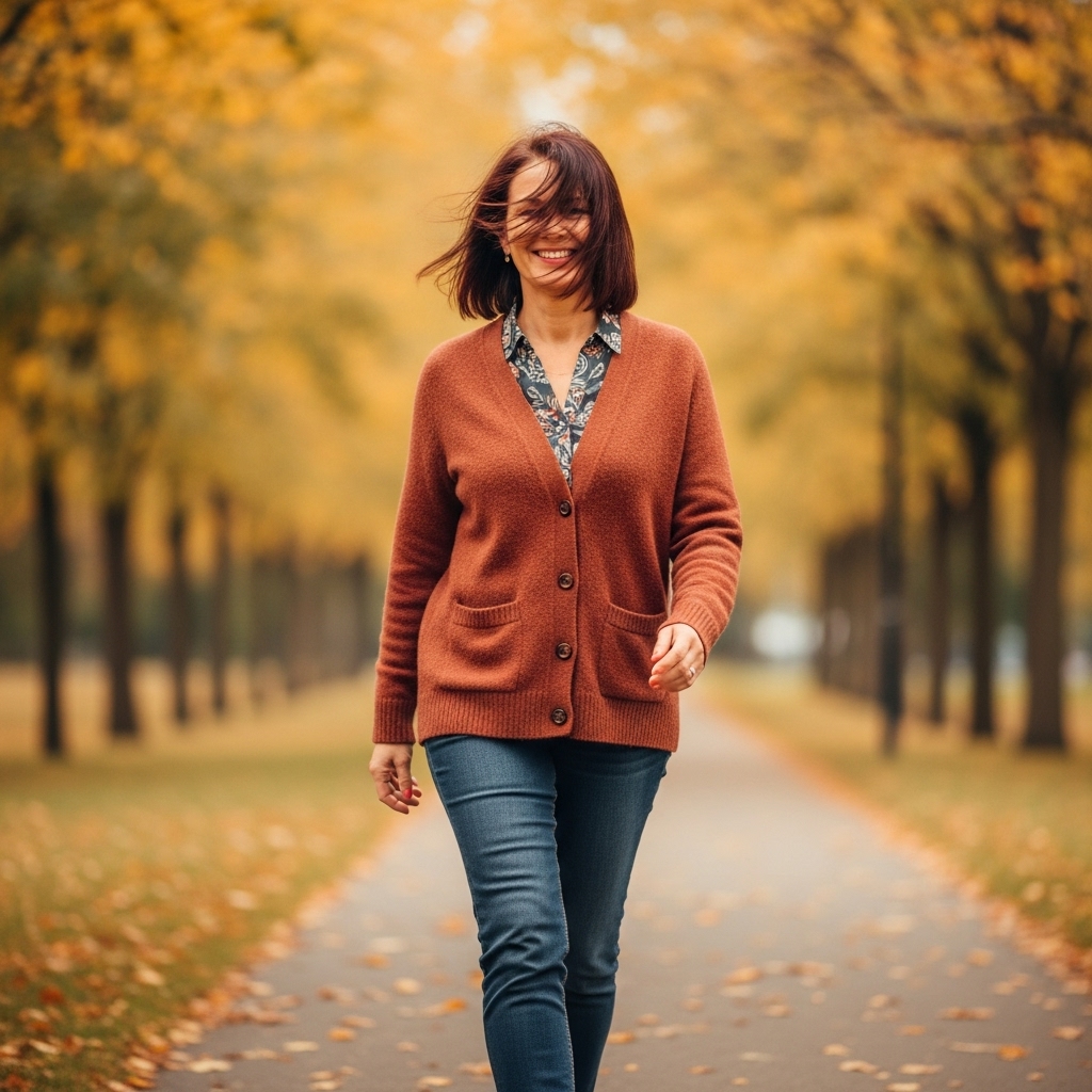A middle-aged woman with the smell of the wind in the hair walking and smiling
