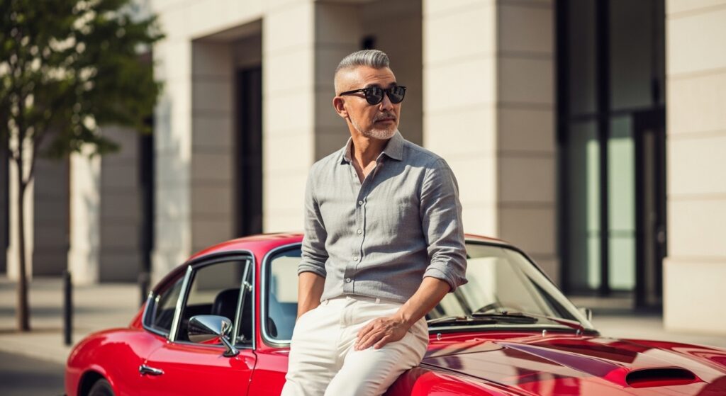 Stylish older man with short fade haircut, wearing sunglasses

