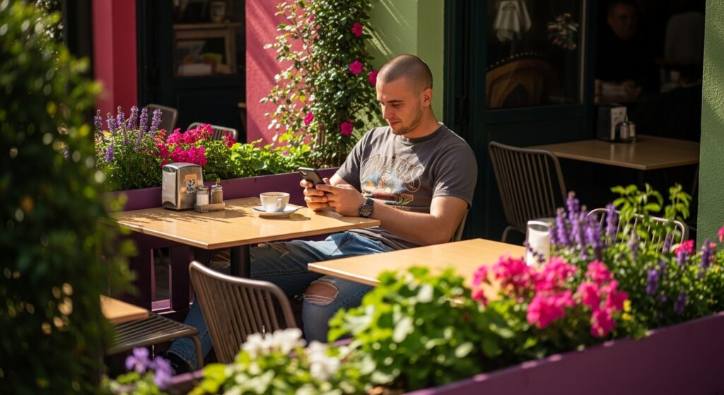 Man with oval face and crew cut, sitting outside at a café
