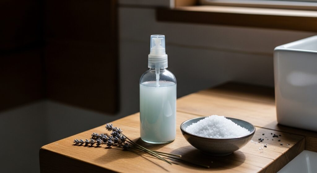 Homemade sea salt spray ingredients including sea salt, oil, and distilled water next to a small spray bottle.