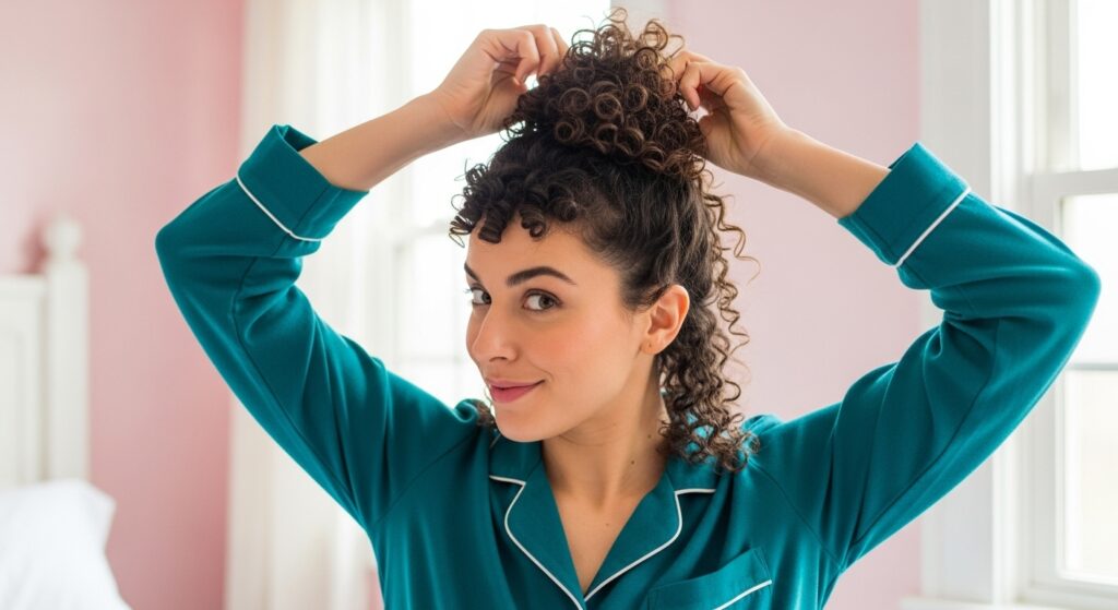 : Nighttime hair care routine with curly mullet in pineapple bun