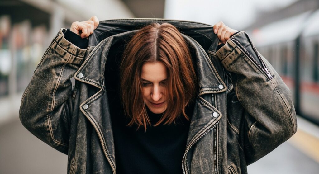  Woman with short shoulder-length haircut is on her way out.