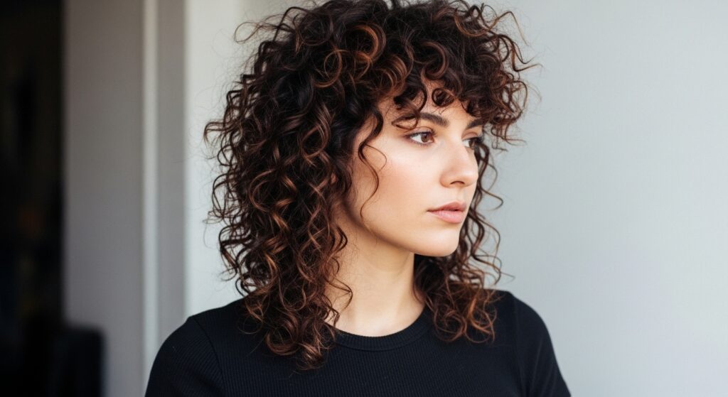 Messy, asymmetrical, curly mullet on a woman with mixed curl types