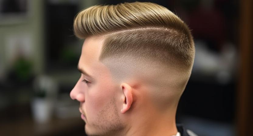 Low taper fade on straight hair with clean edges.