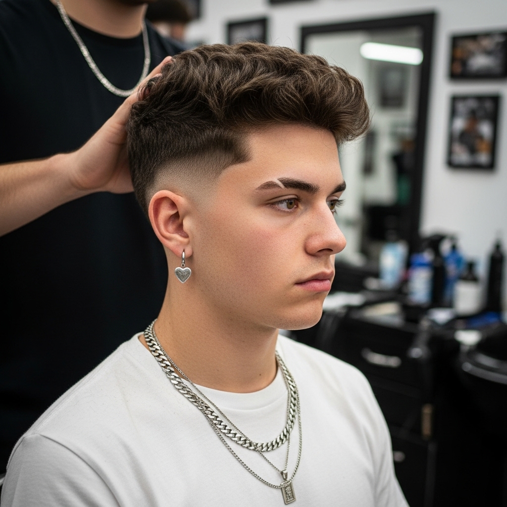 Barber making a tight fade with a curly top on client