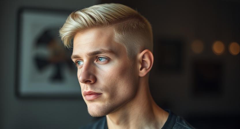 Blonde straight hair with an acute taper fade.