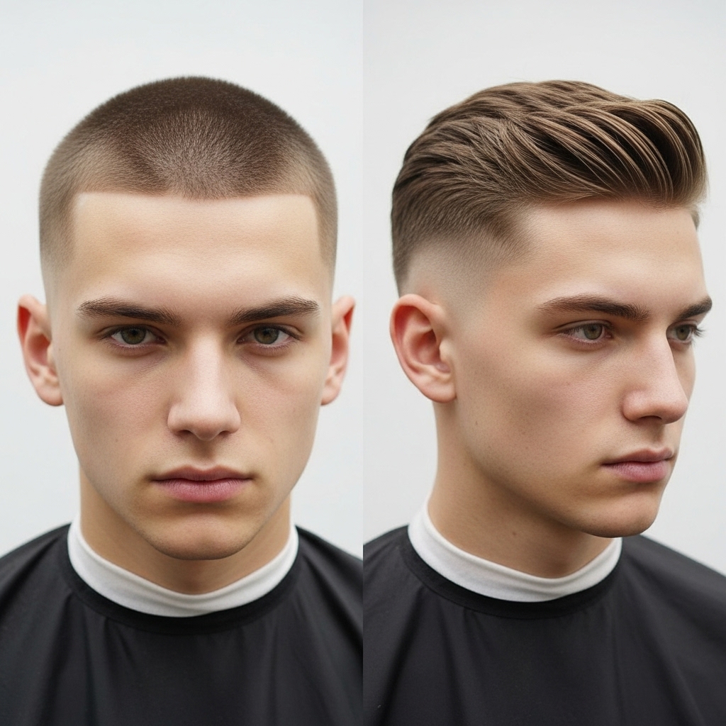 Buzz cut and crew cut side by side