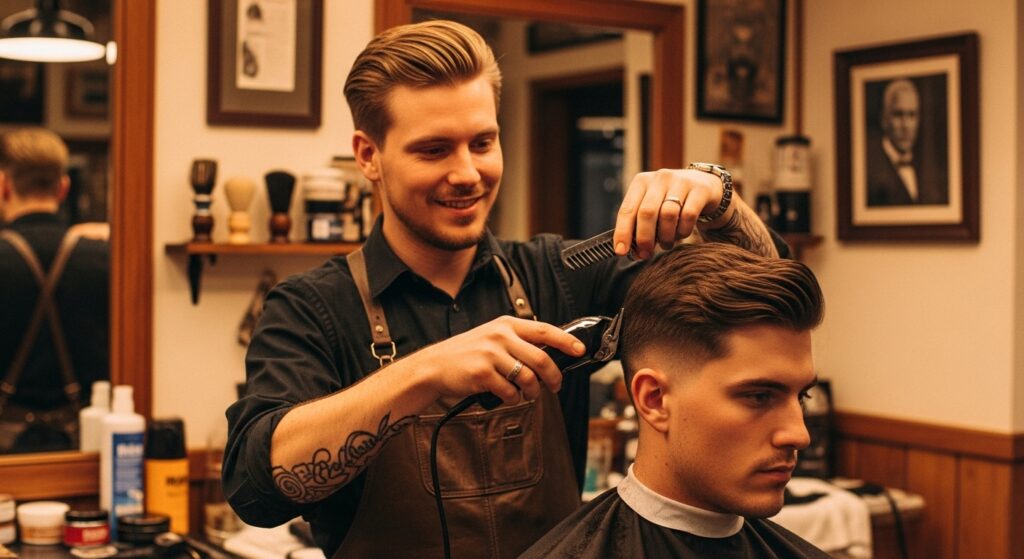 Buzz cut with labeled clipper guards for length reference.