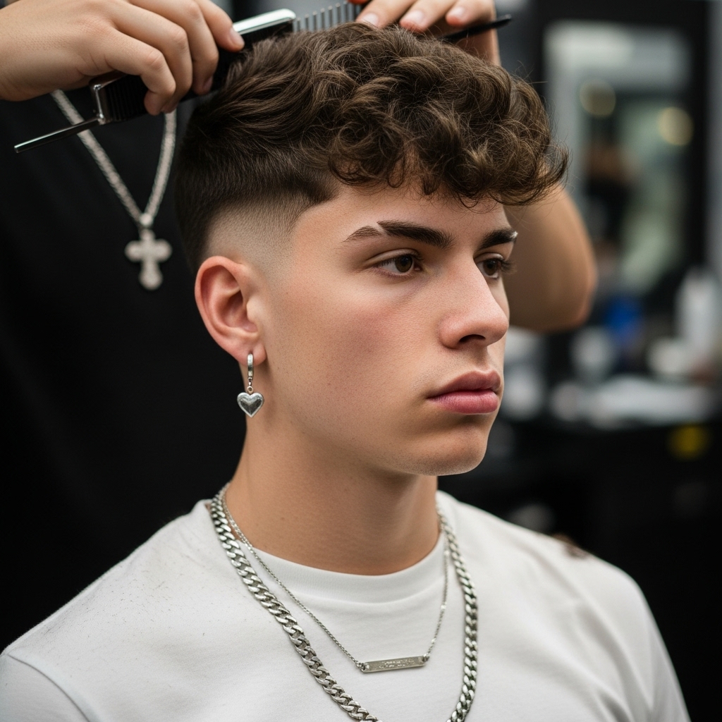 Young boy in barber chair receiving broccoli top haircut