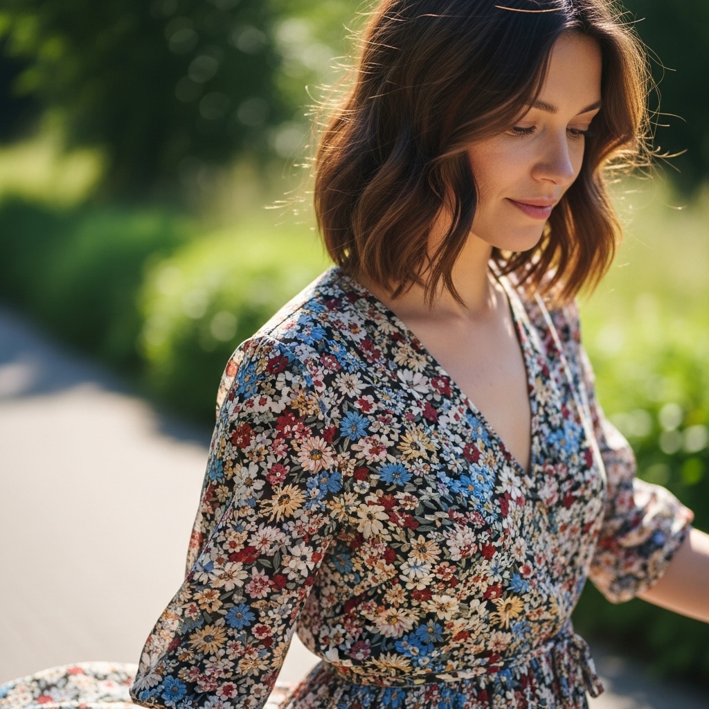 Woman with tousled layered medium length haircut walking outside casually