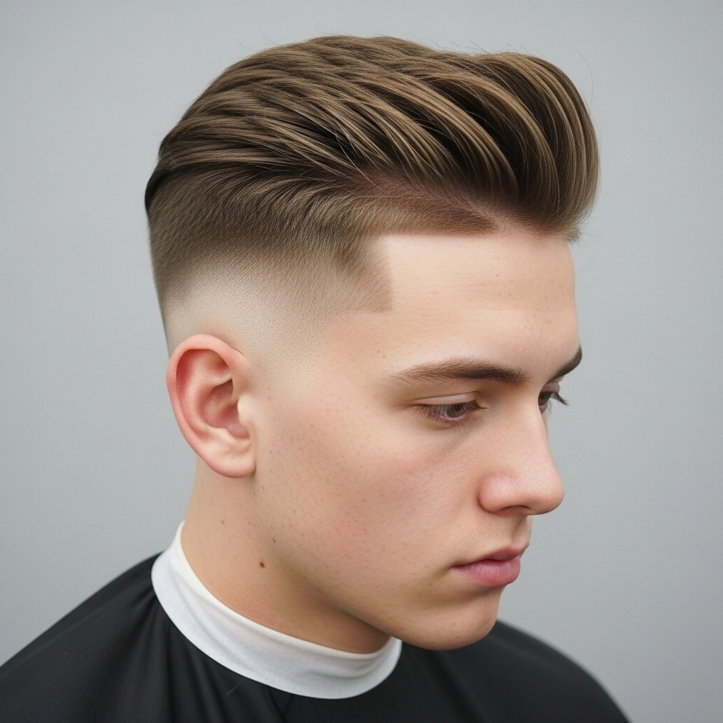 Stylish crew cut fade with tapering and high contrast on sides, long hair on top