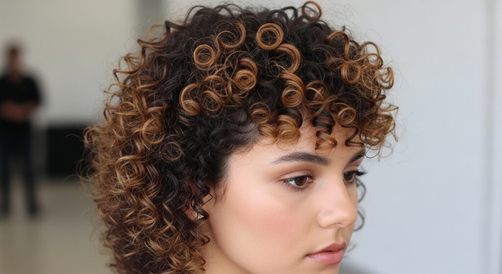  Face-framing highlights on woman with dark curly mullet