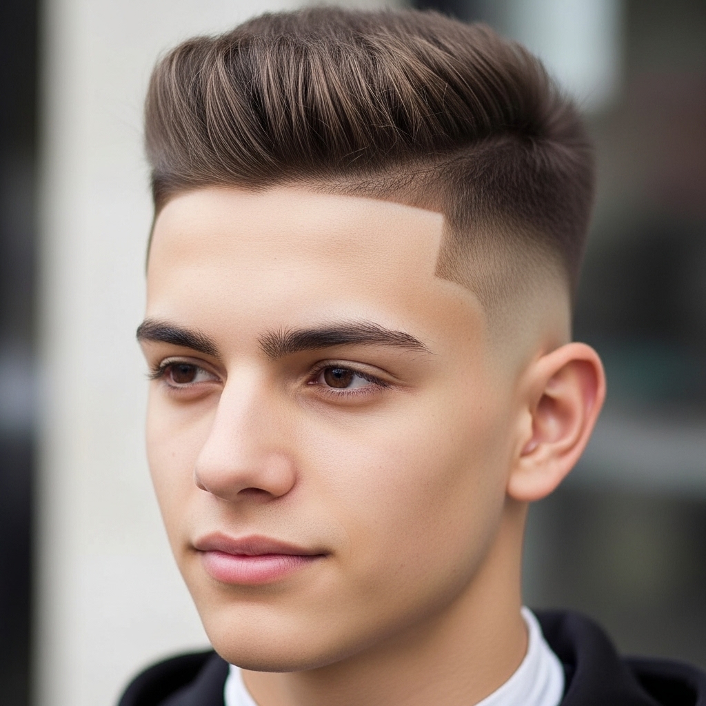 Extremely short crew cut with tapered sides, high top