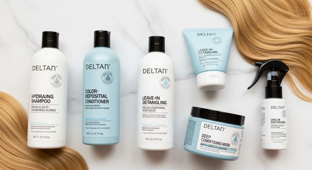 Blonde hair care products including purple shampoo and masks.