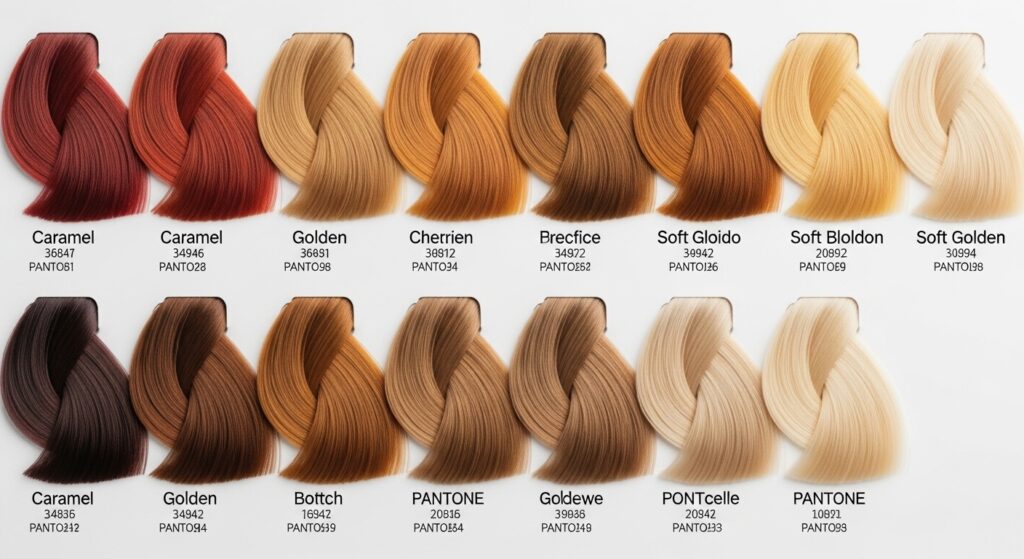 Different shades of honey blonde hair dye for choosing the base color.