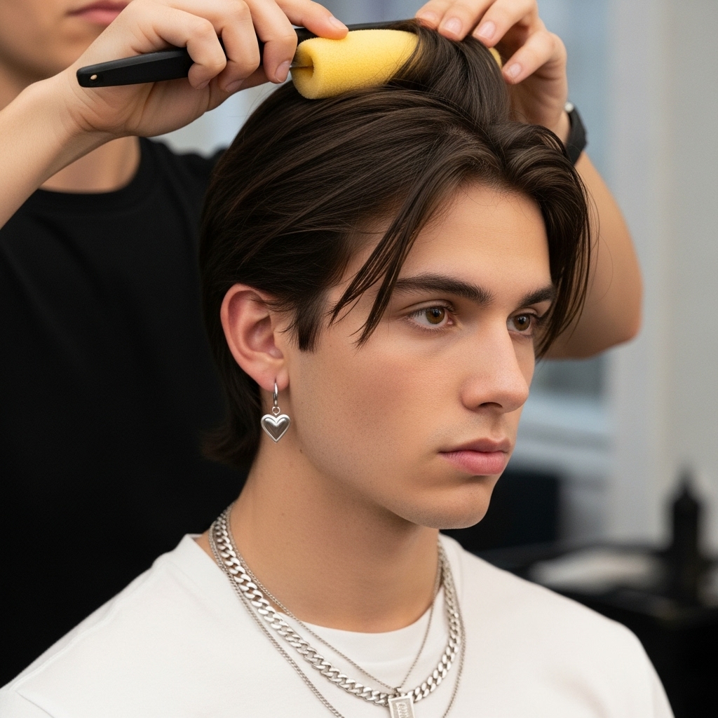 Stylist using curl sponge on boy with naturally straight hair