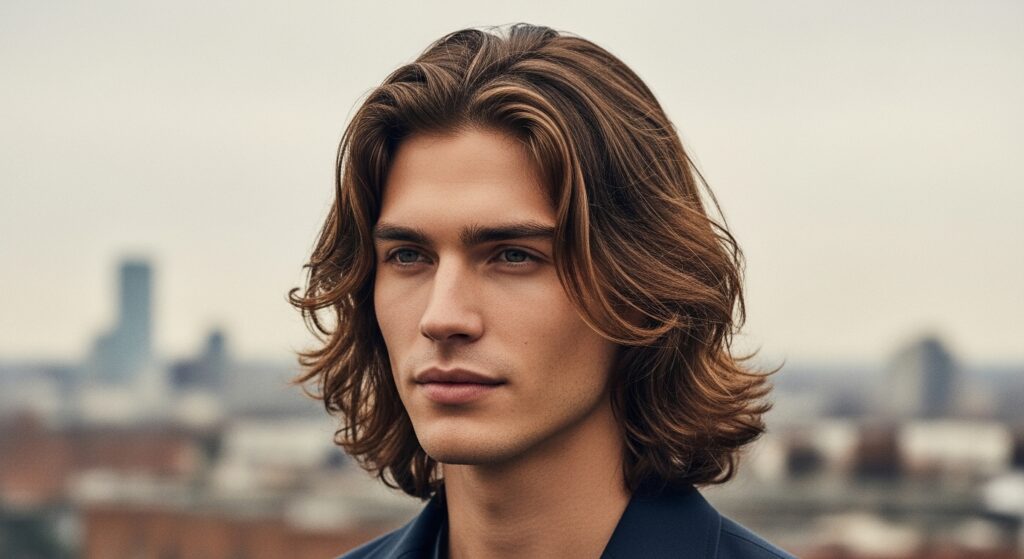 Long hairstyle for oval face men with natural waves