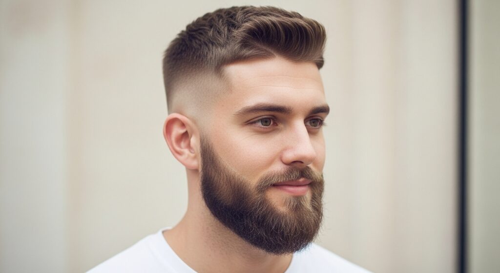  Buzz cut fade with connected beard.