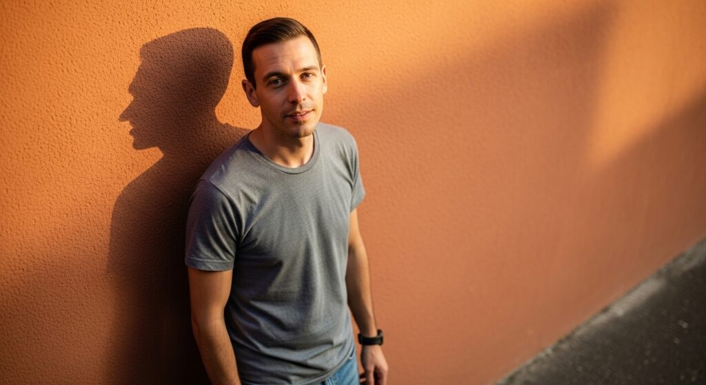 Man with oblong face and classic short haircut, casual expression