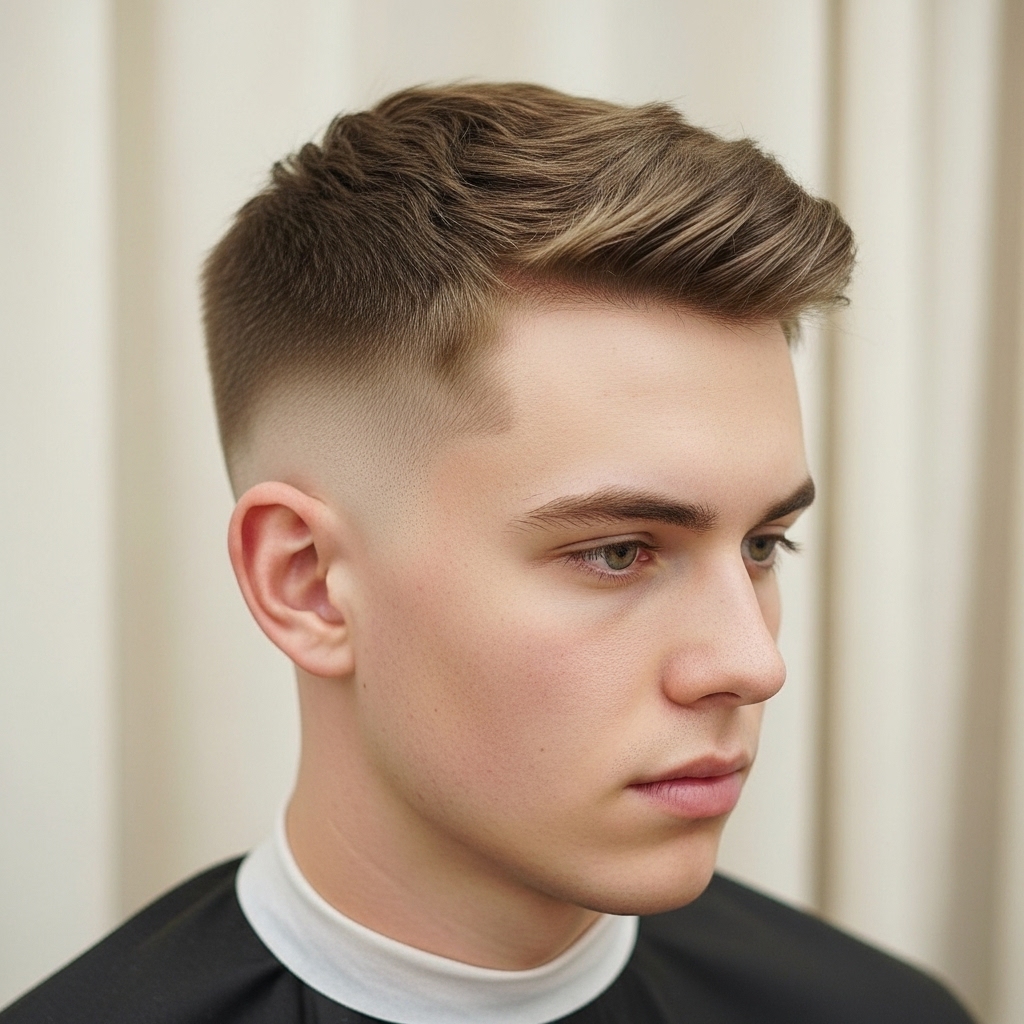 Men's crew cut with receding hairline fade