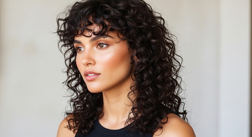 Soft 3B curly hair mullet with fringe bangs on mature woman