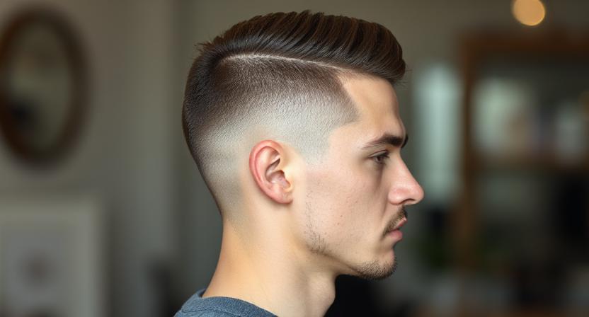  A haircut of a middle part with low taper fade for straight hair.