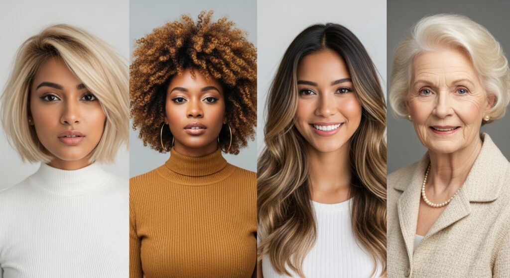 Honey blonde hair on women with various skin tones.