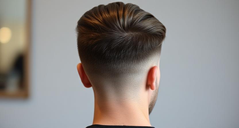 The back of a low taper fade with a slicked straight hair style.