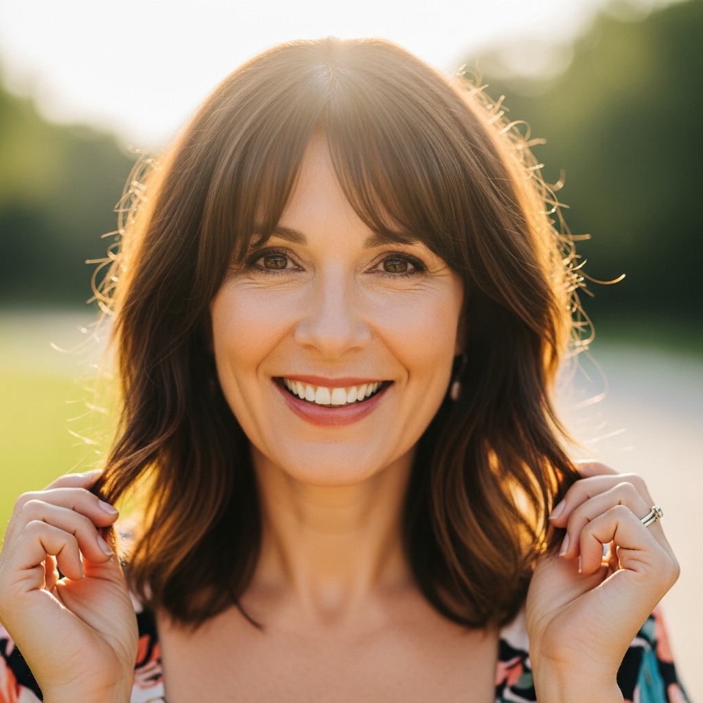 Woman touching her layered shoulder-length hair in a bright place