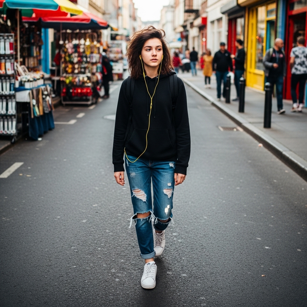 Teenager with untidy medium-sized haircut and earphones outside