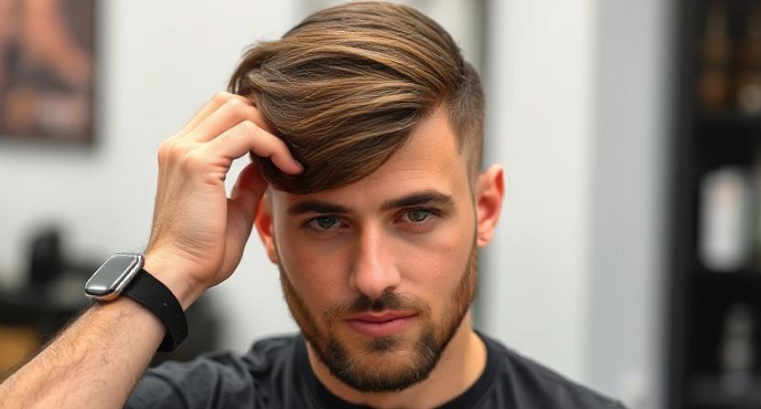 Side-swept haircut with low taper fade on straight hair.