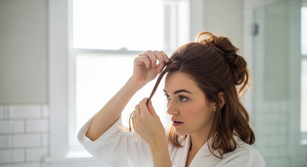  Woman with just slightly longer than shoulder length hair in the process of creating an updo.

