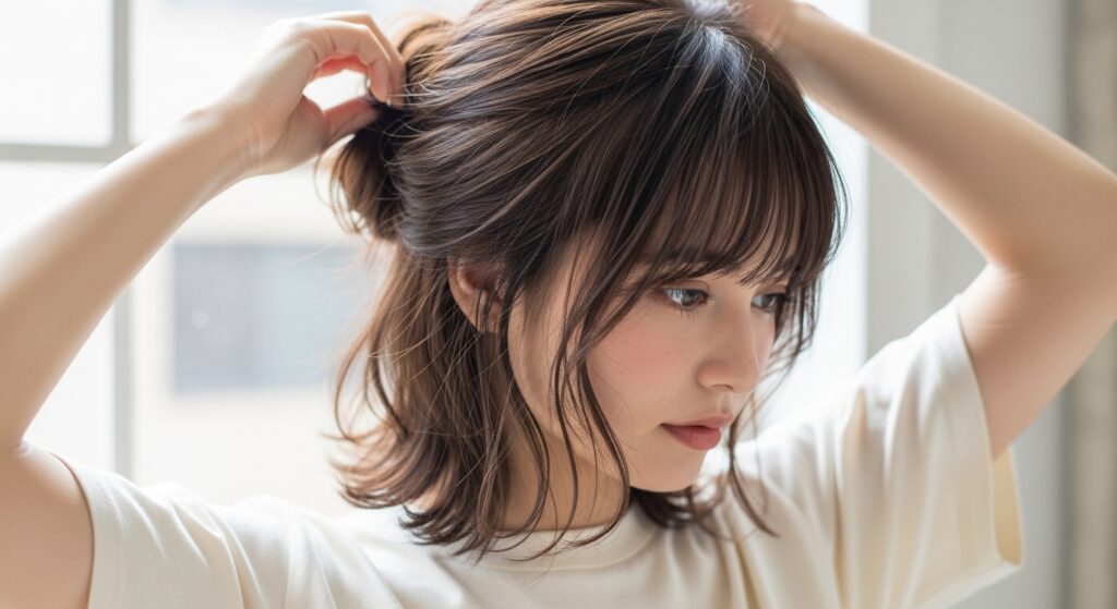 Female with curtain bangs gathering her hair that is shoulder length into a loose bun.