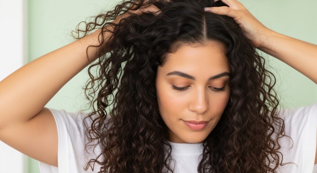Woman with damp curly mullet scrunching curls with product