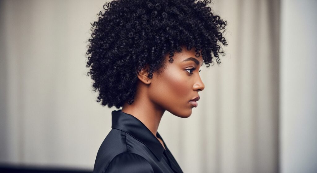 Side profile of a woman with defined 3C curls in a short mullet cut