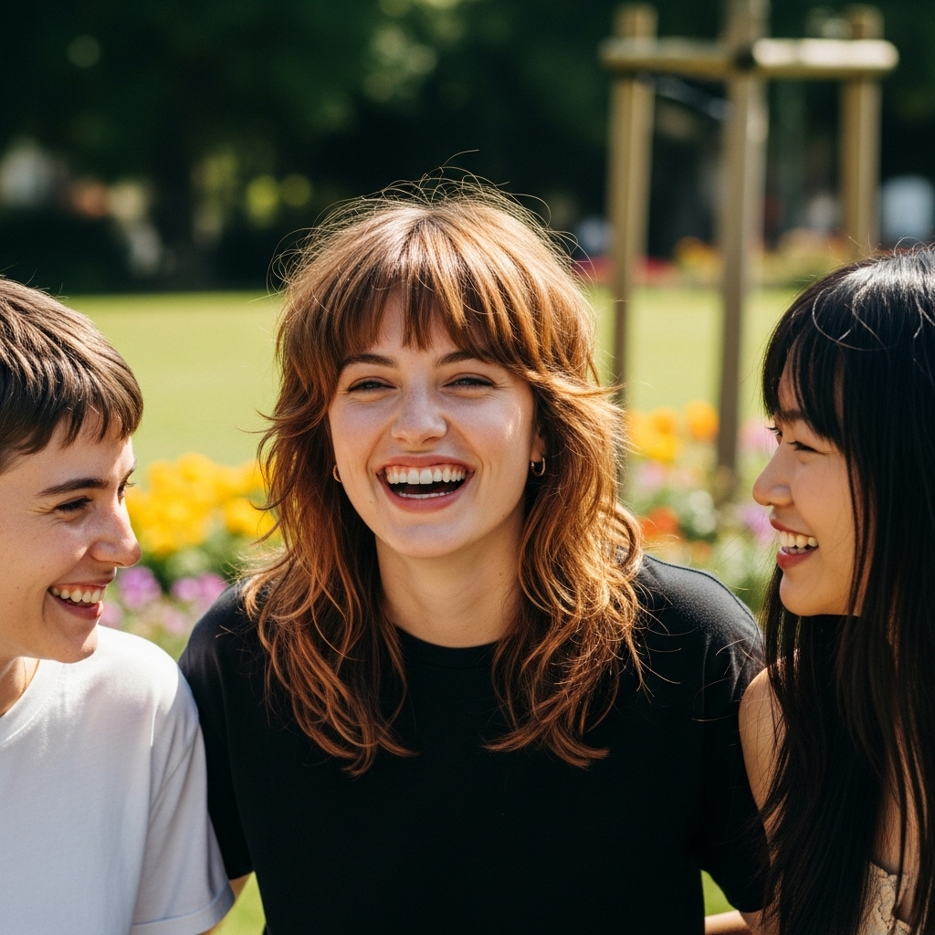 Women with a shaggy medium-length haircut and curtain bangs laughing outside