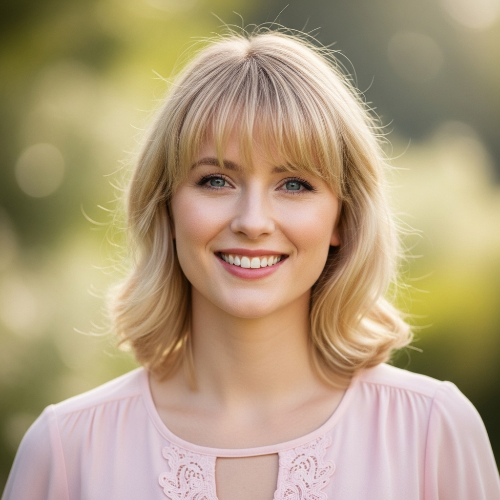 Woman with a fine textured medium-length haircut and fringe smiling