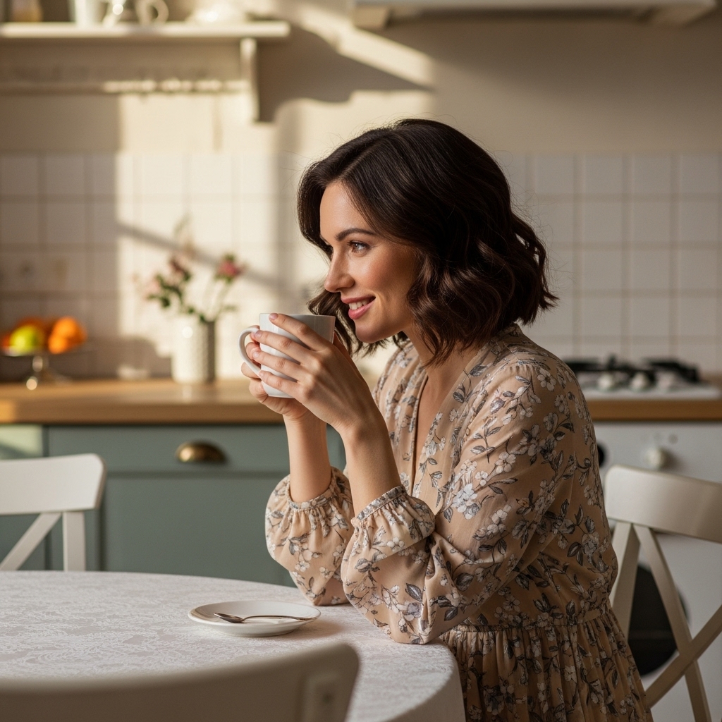 Woman with soft shoulder-length waves enjoying coffee in the morning